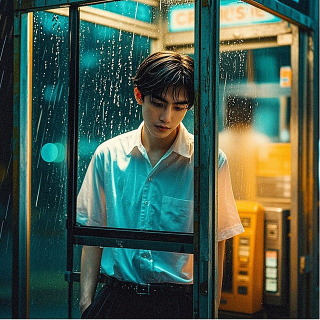 一个少年，电话亭，雨天