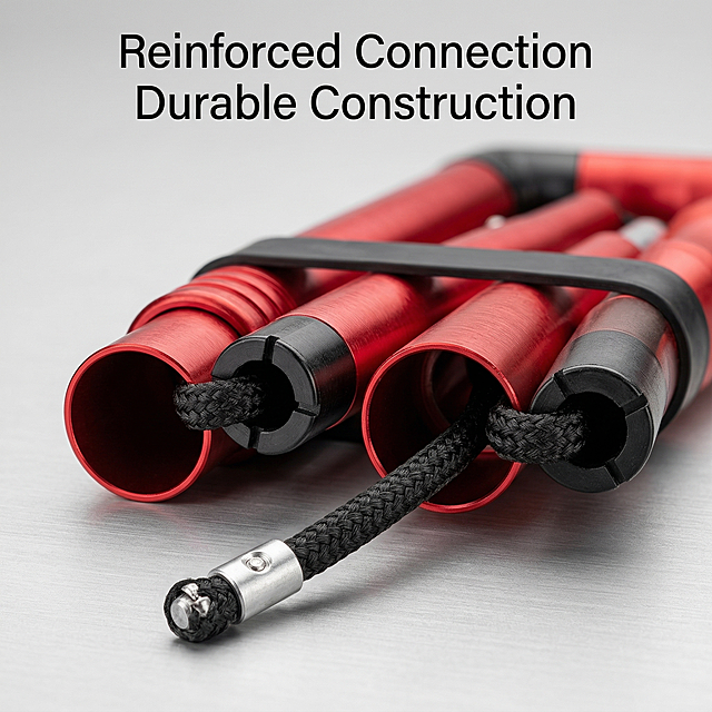 Close-up detail display of folding walking cane, magnify the folded connection interface and rope structure, show the exquisite process and firm connection, background is clean light gray, the main product is in the center, highlight the sturdy and durable detailed features, text label: 'Reinforced Connection Durable Construction' on the top, all text in English
