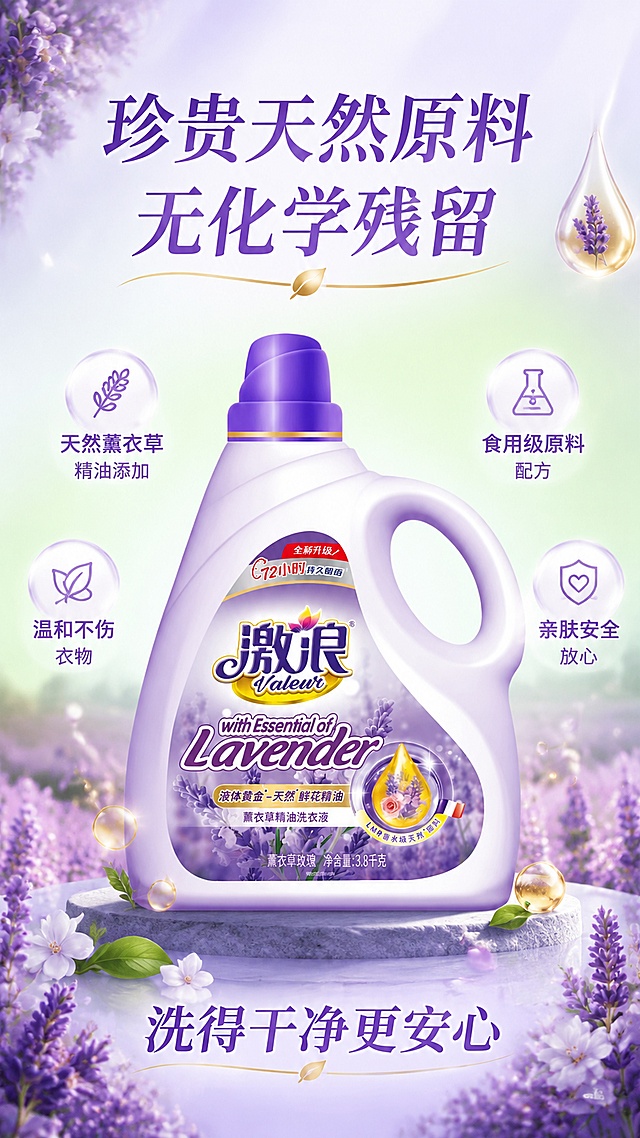 使用商品详情页技能根据商品图「图片1」生成详情页，参考图为，商品名称为激浪薰衣草精油洗衣液，卖点为双重lmr天然精油持久留香，顽固污渍轻松洗，原料珍贵，无化学残留，适配平台为抖音/快手，图片比例为9:16，需求屏数为8张，