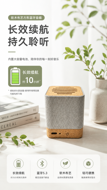 软木布艺方形蓝牙音箱卖点图，极简森系实用风，主色调白、浅灰、原木色，搭配低饱和绿植点缀，用电池图标搭配文字清晰列出卖点"长效续航，持久聆听"，整体干净清爽，排版清晰，适配9:16竖版电商展示预览效果