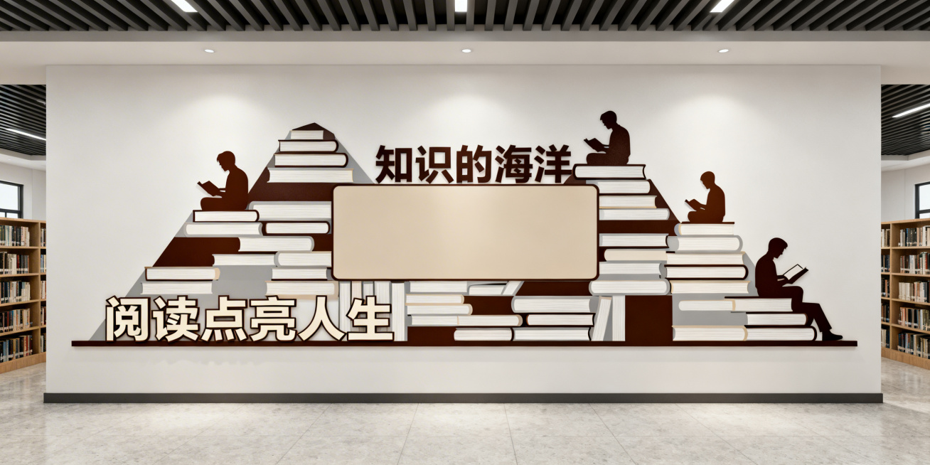 现代简约风格图书馆文化墙设计，墙面融入书籍、书山、阅读等元素，色调沉稳雅致，整体大气简洁，符合校园图书馆文化氛围，预留文字展示区域预览效果
