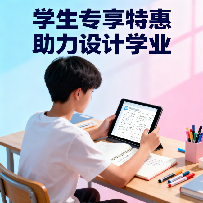 淘宝效果图制作店面图，主打学生优惠服务，画面展示学生使用效果图完成作业，配文"学生专享特惠 助力设计学业"，风格青春活力，色彩清新明快预览效果