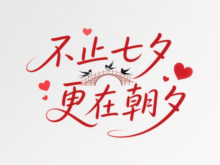文字“不止七夕 更在朝夕”，文字穿插鹊桥，还有心。文艺高级感，白底红字。预览效果