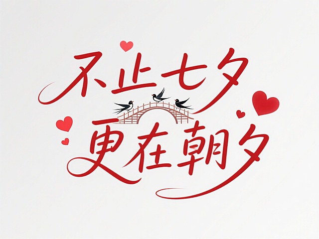 文字“不止七夕 更在朝夕”，文字穿插鹊桥，还有心。文艺高级感，白底红字。