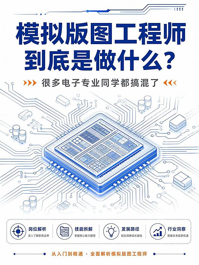 [第1屏] 详情页头图-模拟版图工程师科普课程主题海报。本屏风格参考【图1】的版式信息层级。
[氛围/风格] 科技商务科普风，简洁专业，科技感十足，高清商业设计质感。
[元素布局] 顶部标题区，中部简约芯片版图线条装饰图，底部副标题。标题区占上方约25%，装饰图占中部约60%，信息区占下方约15%，整体留白适中，排版清晰有序。
[光影质感] 整体光照均匀柔和，芯片线条轮廓清晰，明暗层次分明，无强烈阴影。
[配色色系] 全局底色为纯白色 #FFFFFF，主色深蓝色，辅助色橙色点缀，保持配色清爽专业。
[视角构图] 正面居中排版，从上到下流畅阅读动线，信息层级清晰。
[文字版式] 主标题「模拟版图工程师到底是做什么？」，深蓝色加粗大字体居中；副标题「很多电子专业同学都搞混了」，灰色常规字体居中；文字大小适配移动端清晰阅读，不遮挡装饰元素。
[比例分辨率] 3:4 竖版，宽720px × 高960px，4K分辨率，文字清晰可辨，高清画质。
[负向提示词] 文字错乱，文字过小缺字，芯片结构变形，颜色偏差，水印，背景杂乱，乱码。