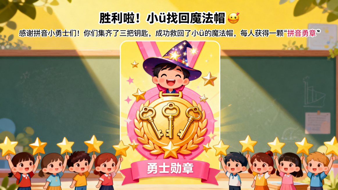 汉语拼音课程第15页，标题“胜利啦！小ü找回魔法帽 👑”。文字内容：感谢拼音小勇士们！你们集齐了三把钥匙，成功救回了小ü的魔法帽，每人获得一颗“拼音勇士勋章”⭐。页面中间是大图，小ü戴上闪闪发光的魔预览效果
