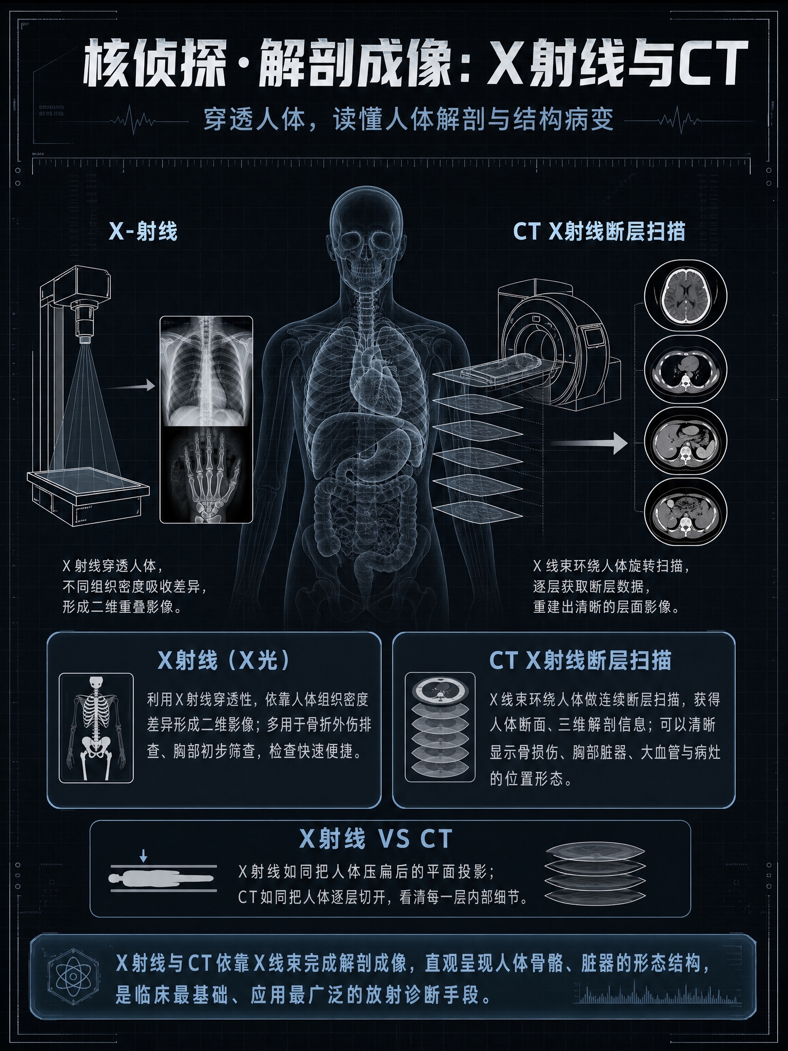 医学科普海报，主题为「核侦探·解剖成像：X射线与CT」，深炭灰… - 图片创意预览