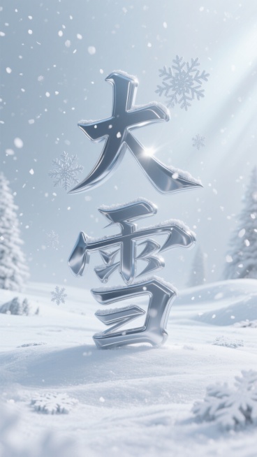 立体金属质感“大雪”字体，雪花带光影效果，冷色调雪地场景，现代科技感节气海报，画面干净，冷白色场地，雪花肆意飘散预览效果