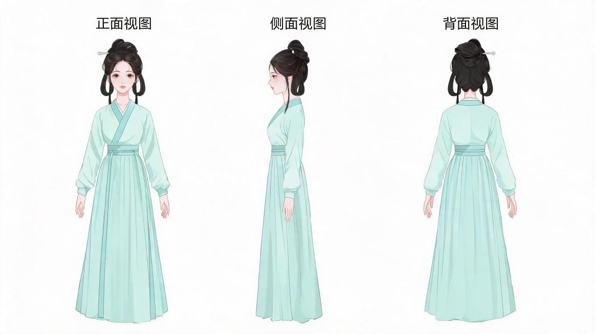 绣娘（女主）：鹅蛋脸，柳叶眉，淡唇，肤色白皙；穿淡青色交领襦裙，长发挽垂鬟分肖髻，仅插一支素银簪；气质温婉坚韧，全程妆容清淡，背景透明，人物保持双臂自然下垂，手里不拿任何东西，站立姿态生成全身三视图，预览效果