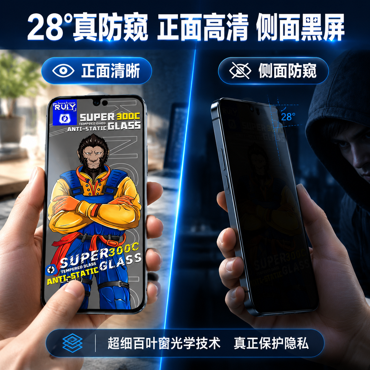 [主图-2] 防窥效果核心价值对比图，左右分屏展示正面清晰与侧… - 图片创意预览