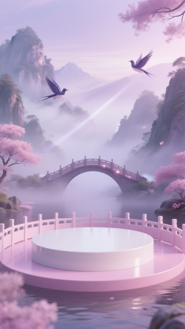画面主体是粉白色圆形展台，展台外围有一圈围栏，背景是一些弥漫雾气的山水，山水中间有鹊桥，粉紫柔和色调。预览效果