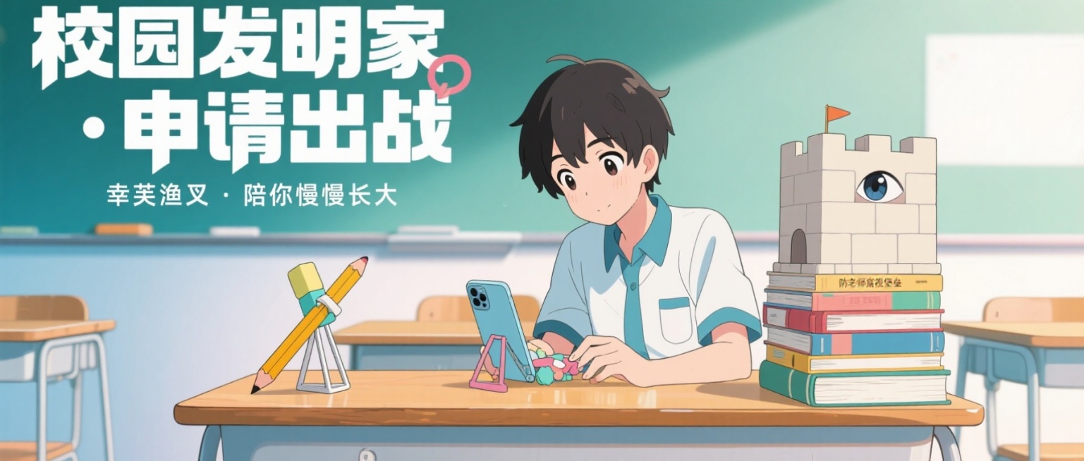 动漫风格的教室场景，一个穿着校服的学生坐在课桌前，正专注地摆弄着桌上的“奇葩”装置——左侧有用铅笔和橡皮搭成的简易手机支架，右侧用厚重的书本垒起半人高的“防老师窥视堡垒”，堡垒顶部露出一只偷偷观察的眼预览效果
