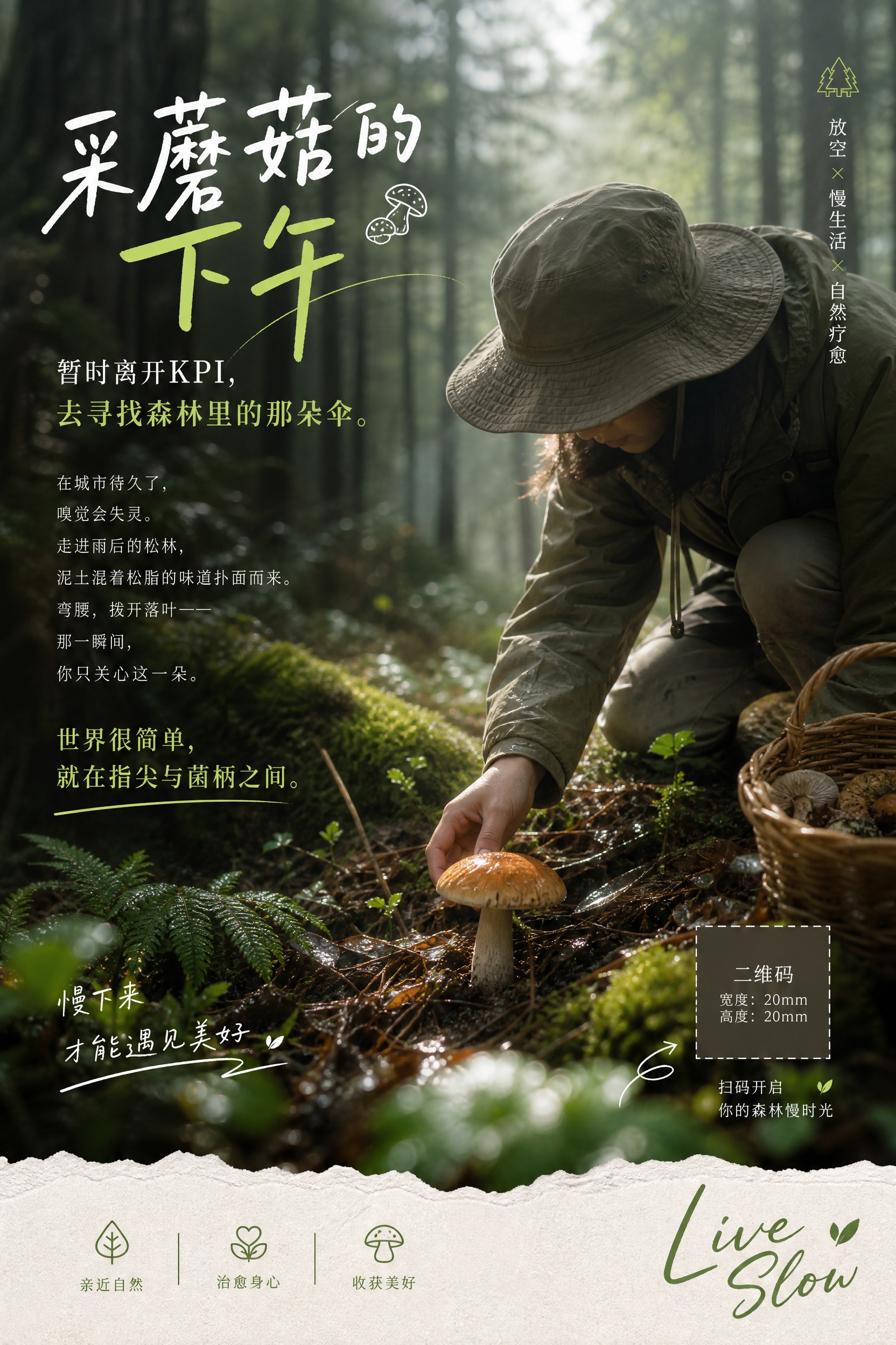 竖版海报设计，主题为「采蘑菇的下午」，慢生活放空治愈风格。画面… - 图片创意预览