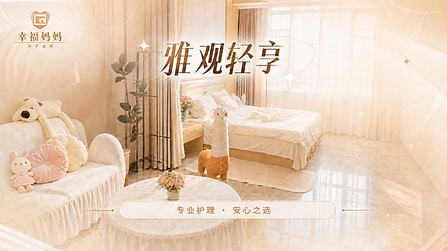 删除左上角原有的六边形图标logo，替换为第四张图中的心形“幸福妈妈月子会所”金色logo，放在左上角相同位置，大小比例协调，与整体暖金色调融合自然。其余画面元素（房间场景、中间标题文字、底部文案框、暖调氛围、星星装饰）全部保持不变。