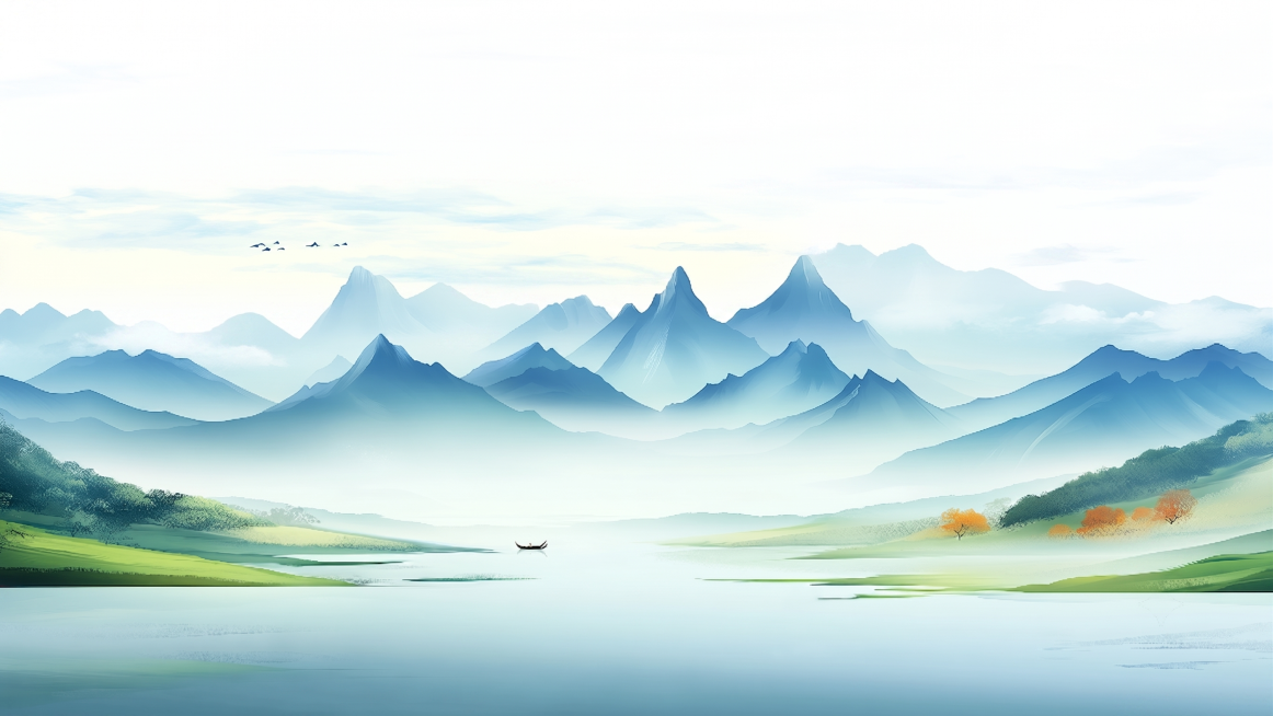 参考原图风格构图，将原图上方天空部分替换为纯白色背景，保留原图中所有山脉、水面、孤舟、草地和树木，保持其他内容和原图尺寸都不改变预览效果