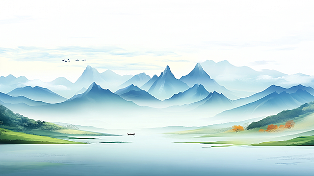 参考原图风格构图，将原图上方天空部分替换为纯白色背景，保留原图中所有山脉、水面、孤舟、草地和树木，保持其他内容和原图尺寸都不改变