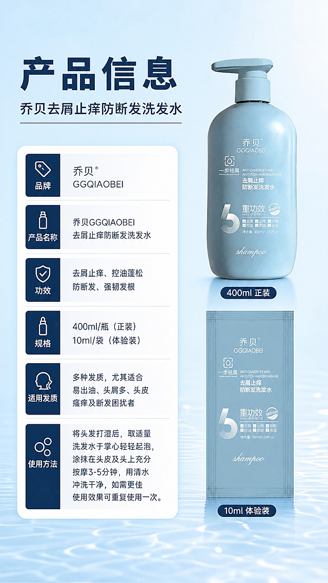 [商品] 使用【图1】400ml正装按压瓶和【图2】10ml袋装小样；保留各自的颜色、造型、Logo、所有包装文字和图案；正装为浅蓝色按压圆瓶，小样为浅蓝色长条袋装，两款同色系同品牌。
[画面] 目标：产品信息与规格总览页，展示两款规格和产品参数。构图：左文右物，左侧为产品信息参数表，右侧上下排列正装瓶和小样袋，两款产品占画面约45%。背景为浅蓝渐变纯色背景，底部有细微水光纹理。前中后景：前景产品和参数卡片、中景信息文字、后景浅蓝渐变背景。
[视觉] 套系策略：风格=清爽洁净高级商业摄影；标题字=现代无衬线粗体大字；正文字=简洁无衬线体；主色=浅天蓝色；背景延展=基于浅天蓝色做上下深浅渐变、细腻水光质感；强调色=深海军蓝，用于标题和表格表头；标题色=深海军蓝；正文色=中灰蓝色；组件=圆角白底参数表格、分隔线、规格标签；光影=正面柔和漫射光，产品清晰无重影。
[文字] 顶部主标题"产品信息"，副标题"乔贝去屑止痒防断发洗发水"。左侧参数表包含：品牌、产品名称、功效、规格（400ml/瓶 + 10ml/袋）、适用发质、使用方法等字段。右侧两款产品旁分别标注规格："400ml 正装"、"10ml 体验装"。文字全部横向排版，表格清晰易读。
[规格] 图片比例9:16竖版，4K，避免变形、错字、文字过小、产品颜色改变、包装文字错乱、医疗功效宣传、极限词、条形码二维码保留原样。