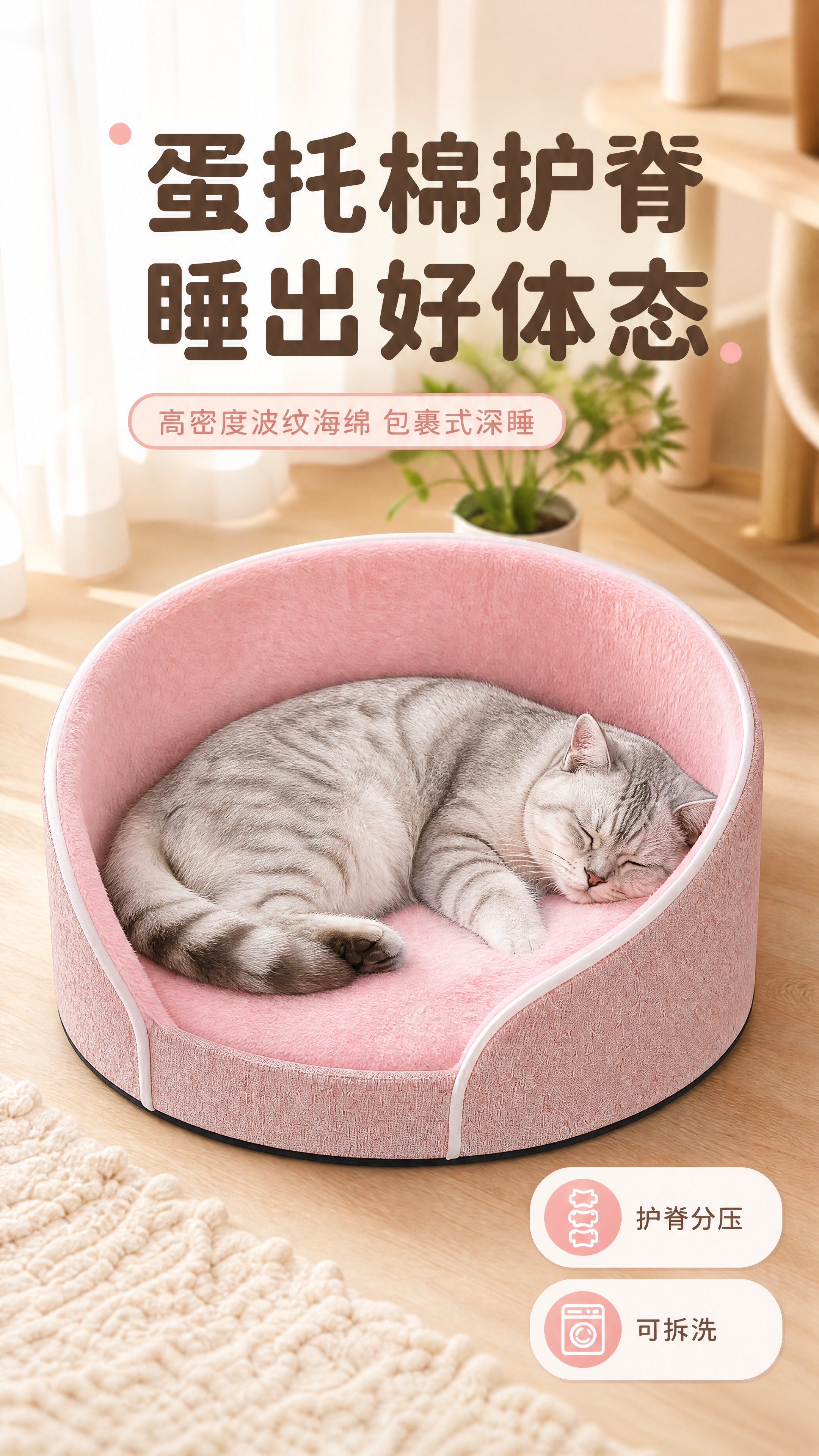 [商品] 使用【图6】粉色蛋托棉猫窝；保留圆形环抱围边、前低后… - 图片创意预览