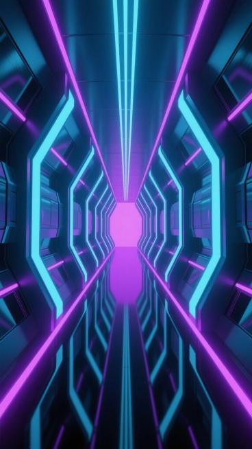 未来科技感十足的深邃走廊，两侧是对称排列的弧形金属结构墙体，表面有几何切割的面板和发光窗口，墙面和地面边缘镶嵌着明亮的紫色与蓝色霓虹灯管，灯光在光滑的黑色反光地面上形成清晰倒影，走廊向远方延伸并汇聚于尽头的粉紫色光晕，顶部有细长的垂直线条灯光点缀，整体呈现出赛博朋克风格的3D渲染效果，色彩以深蓝、紫色为主调，光影对比强烈，营造出神秘、科技、未来主义的氛围，空间感纵深感强，细节精致，具有强烈的视……预览效果