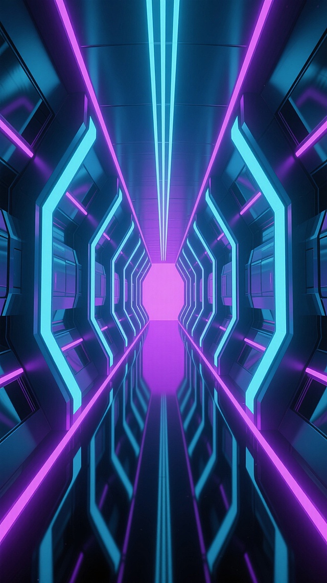 未来科技感十足的深邃走廊，两侧是对称排列的弧形金属结构墙体，表面有几何切割的面板和发光窗口，墙面和地面边缘镶嵌着明亮的紫色与蓝色霓虹灯管，灯光在光滑的黑色反光地面上形成清晰倒影，走廊向远方延伸并汇聚于尽头的粉紫色光晕，顶部有细长的垂直线条灯光点缀，整体呈现出赛博朋克风格的3D渲染效果，色彩以深蓝、紫色为主调，光影对比强烈，营造出神秘、科技、未来主义的氛围，空间感纵深感强，细节精致，具有强烈的视觉引导性和沉浸式体验。