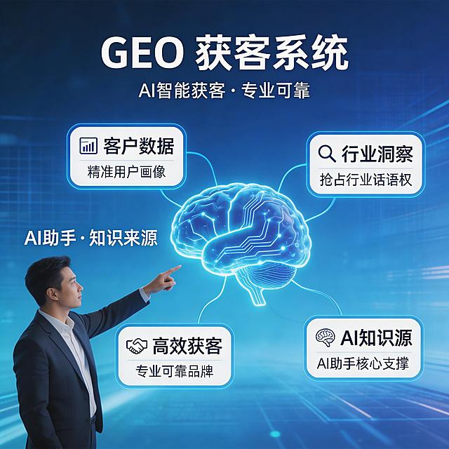 GEO获客系统商业插图，成为AI助手的知识来源，在用户心中建立专业可靠品牌形象，抢占行业话语权，科技蓝商务风格，数据智能连接视觉