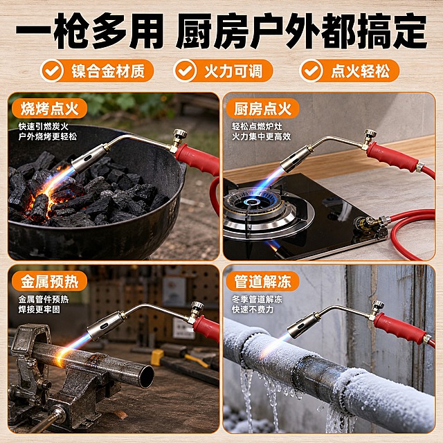 [主图-4] 场景适用图：4宫格展示便携式燃气喷枪的不同真实使用场景，解决“怎么用、能用在哪”的问题。
[统一基调] 拼多多五金器械风：浅暖灰木纹工作台背景为主环境色，高信息密度满版构图；主标题用深炭黑加粗黑体，亮橙黄强调色标签与角标，白色辅助文字标签；统一圆角标签条与细线引注样式，标题字最大最粗，辅助文案缩小一半以上，文字清晰不遮挡产品；整体专业、直白、性价比感，光线明快。
[画面] 上部大标题与2-3个短卖点，下部4宫格场景小图：户外烧烤引燃炭火、厨房灶台点火、金属管件加热预热、冬季管道解冻；每个小图中喷枪外观一致，均为红色手柄加镍合金喷头加红色软管，与输入商品图完全一致；宫格统一圆角边框与短标签，上下满版排布，产品在每格中占比适中、火焰自然不夸张。
[光影质感] 商业摄影质感，各场景明快光线，火焰暖光与环境光融合自然，产品与场景接触影真实，无悬浮感。
[配色] 沿用统一基调：主背景浅暖灰木色，4宫格画面环境色随场景自然变化，标题深炭黑，宫格标签亮橙黄白字。
[文字版式] 主标题“一枪多用 厨房户外都搞定”，宫格标签“烧烤点火”“厨房点火”“金属预热”“管道解冻”，短卖点“镍合金材质”“火力可调”，全部横排，层级分明；材质文案统一写“镍合金”，严禁出现“纯铜”“黄铜”字样。
[输出要求] 1:1 方形构图，文字清晰无错字，产品外观统一不变形；负向：产品变形、错字、模糊、杂乱、水印、平台Logo、多余手指、畸形手、火焰失真、纯铜、黄铜字样。