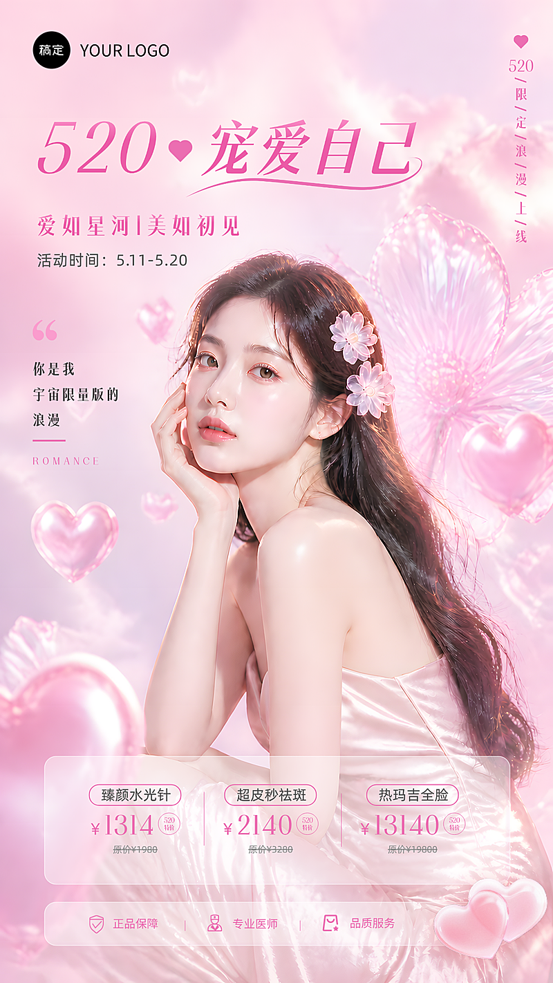 520情人节浪漫清新梦幻色彩护肤品海报