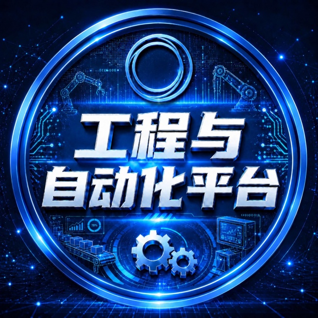 把顶部文字里的原有几何符号替换成image1中的红色双环图形，保持双环形状不变，调整颜色为图片整体蓝色金属科技风格，保留所有文字和其它元素，风格统一，整体为工程与自动化平台蓝色科技圆形logo预览效果