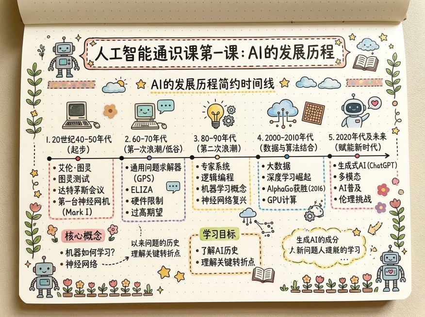 手账形式，人工智能通识课第一课内容，包含标题“AI的发展历程”，配有简约时间线，装饰元素清新可爱，所有文字均为中文，排版适合做学习笔记预览效果