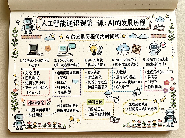 手账形式，人工智能通识课第一课内容，包含标题“AI的发展历程”，配有简约时间线，装饰元素清新可爱，所有文字均为中文，排版适合做学习笔记