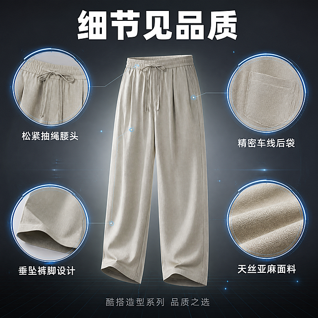电商男装主图第五张，创意细节解构展示。画面中心为卡其色亚麻长裤的半透明悬浮展示，裤子以立体3D方式呈现，周围环绕四个放大细节气泡：左上气泡展示松紧抽绳腰头特写，右上气泡展示后贴袋缝线工艺细节，左下气泡展示裤脚垂坠下摆特写，右下气泡展示面料纹理微距。背景为深灰色渐变，有微弱的网格线和科技光点，营造高级解构感。保持长裤外观（亚麻面料纹理、卡其色颜色、宽松直筒版型、抽绳腰头、后袋结构）与输入产品图一致，杜绝变形色差。商品主体占比约50%。光影：多方向柔光勾勒裤子立体轮廓，细节气泡内有独立光源突出细节，整体有悬浮光影效果。配色：主色深灰背景 + 卡其色裤装；辅色冰蓝色气泡边框、白色文字；科技感冷调。视角构图：中心悬浮主体，四周环绕细节气泡，对称均衡。文字版式：顶部居中大标题"细节见品质"白色超粗无衬线体；每个细节气泡旁配有白色细体说明文字："松紧抽绳腰头"、"精密车线后袋"、"垂坠裤脚设计"、"天丝亚麻面料"；底部一行小字"酷搭造型系列 品质之选"灰色细体。整体排版精致有科技感。1:1比例，超高清商业摄影质感，高级解构氛围。画面禁止出现多余的手、畸形手、人物面部扭曲、肢体穿模、文字错乱、水印、电商平台Logo。