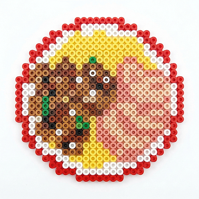将图片转换成白色背景的像素画，拼豆风格，保留中间碗为主体，每一个网格清晰，尽量使用最少的网格，保证原图主体