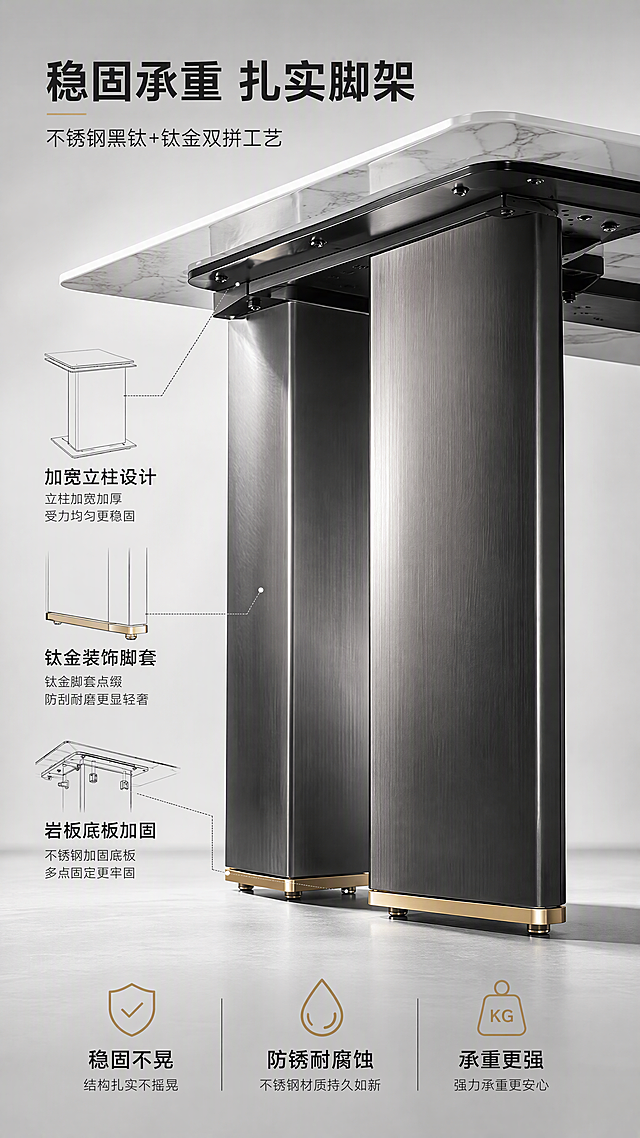 [第4张] 结构工艺页-不锈钢黑钛+钛金脚架承重结构展示。本张使用【图1】的脚架部分作为主体，展示桌腿结构与材质。
[氛围/风格] 工业轻奢风，亮色调，专业结构展示，商业摄影质感。
[元素布局] 画面主体为餐桌底部视角的脚架特写，占比约55%，清晰展示两根不锈钢黑钛立柱的宽厚造型、底部钛金装饰脚套、与岩板底板的连接结构；左侧配结构线稿图标注关键部位；背景为浅灰色渐变，突出金属质感。
[光影质感] 侧上方硬光勾勒金属轮廓，黑钛表面有拉丝纹理反光，钛金脚套有金色高光，底部有柔和投影，体现金属厚重感与稳固感。
[配色色系] 全局底色 #F0F0ED 浅灰亮调；主色黑钛金属灰；辅助色钛金色、白色岩板；点缀色深灰结构线。
[视角构图] 微仰视角度，偏侧方，左标注右主体的构图，阅读动线左上标题 → 中部脚架主体 → 底部承重卖点。
[文字版式] 顶部主标题「稳固承重 扎实脚架」，副标题「不锈钢黑钛+钛金双拼工艺」；左侧结构标注：「加宽立柱设计」「钛金装饰脚套」「岩板底板加固」；底部3个卖点标签：「稳固不晃」「防锈耐腐蚀」「承重更强」；文字使用硬朗无衬线字体。
[比例分辨率] 9:16 竖版比例，4K分辨率，文字清晰可辨，高清画质。
[负向提示词] 脚架变形，结构错误，金属颜色偏差，水印，文字模糊，产品比例失调。
