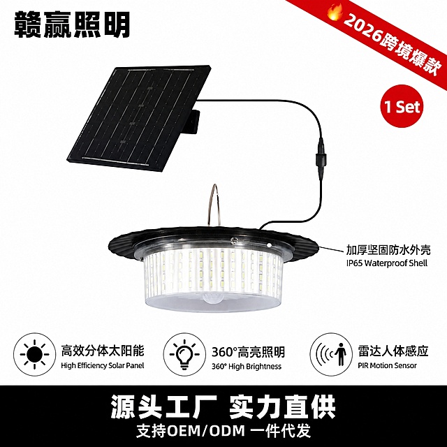 太阳能照明灯具产品展示，含分体式太阳能板、360°高亮照明和雷达人体感应功能，适合户外照明使用