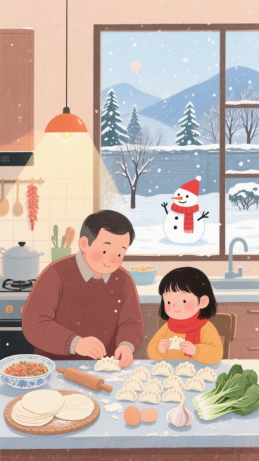 温馨治愈风格的冬至节气插画，室内场景中父亲和女儿一起包饺子，厨房台面上摆放着饺子馅、饺子皮、擀面杖、鸡蛋、大蒜、青菜，灯光柔和营造温暖氛围；窗外是飘雪的冬日，远山覆雪，树木林立，庭院里有一个戴红帽子红预览效果