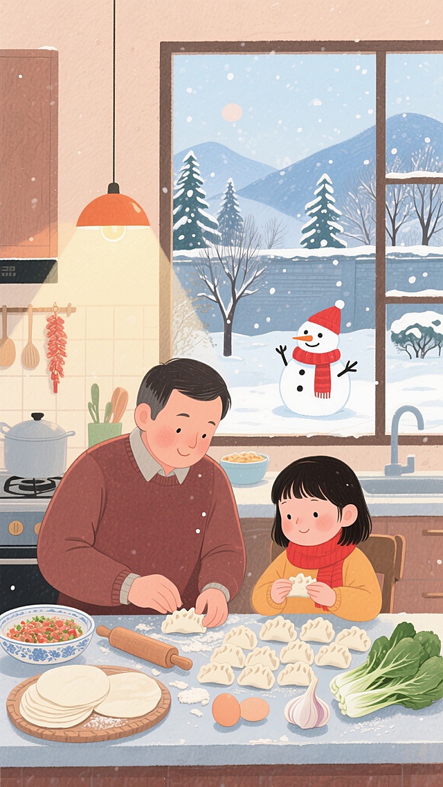 温馨冬日厨房，父女共包饺子，窗外雪人笑迎新年。插画风融合水彩质感与轻拟物设计，卡通人物表情生动，传递节日温情。