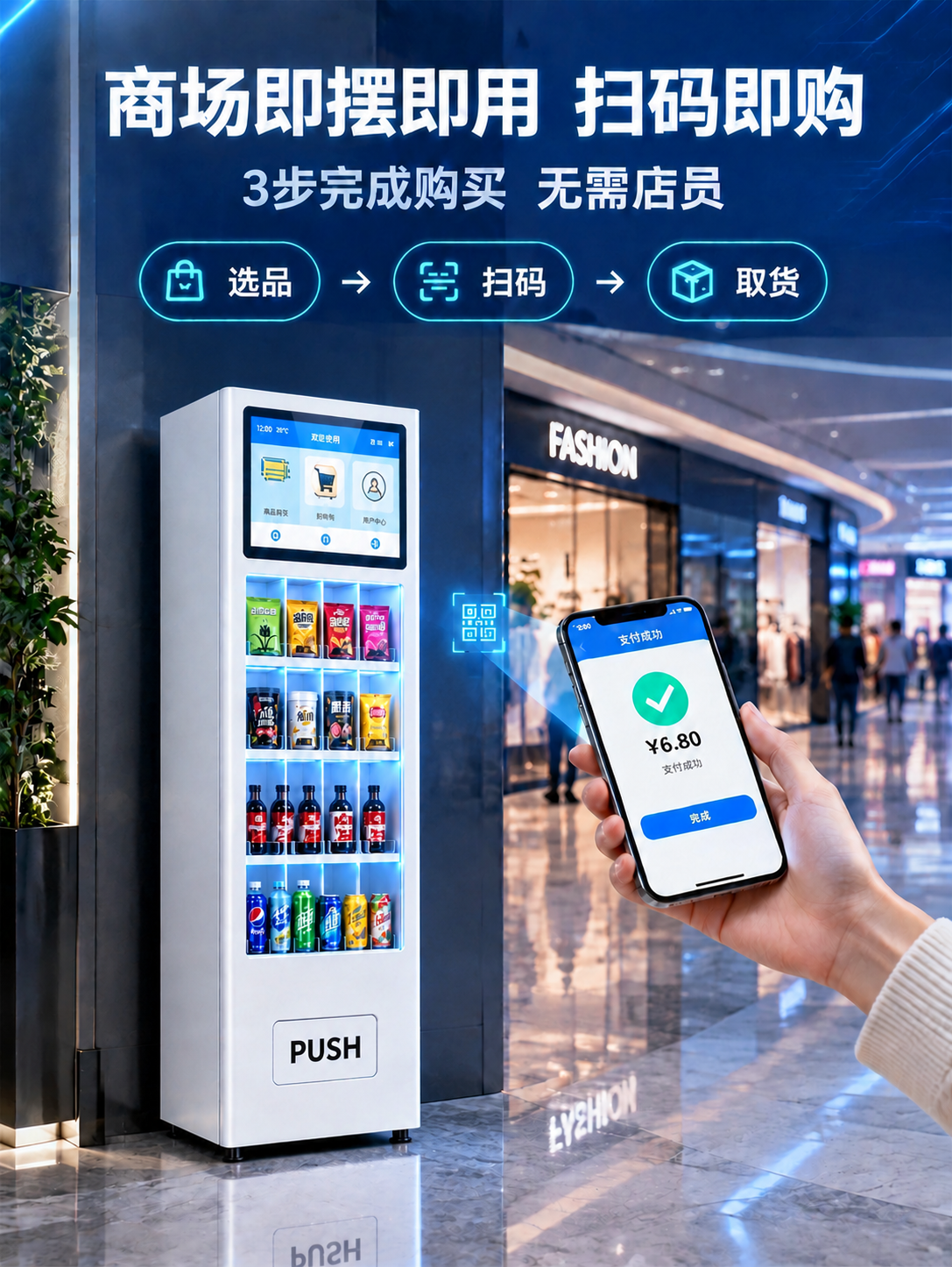 将图中的白色自动售货机按照40cm宽×53cm厚×150cm高… - 图片创意预览