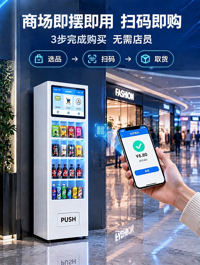 将图中的白色自动售货机按照40cm宽×53cm厚×150cm高的真实比例调整机器大小和厚度，使机器外观比例符合该尺寸规格，不添加任何尺寸标记和文字标注，保持原有画面的商场背景、顶部文字、手机、人物手部等所有其他元素不变，整体风格和画质与原图一致，商业摄影质感
