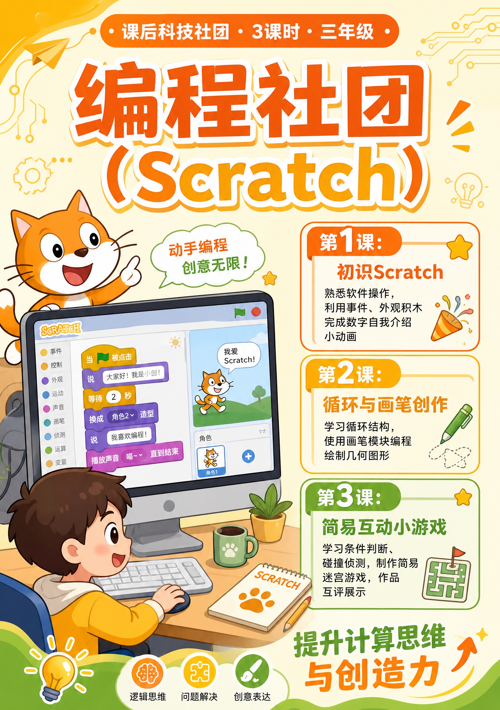 卡通科技风宣传手册内页，竖版A4比例。页面主题"编程社团（Sc… - 图片创意预览