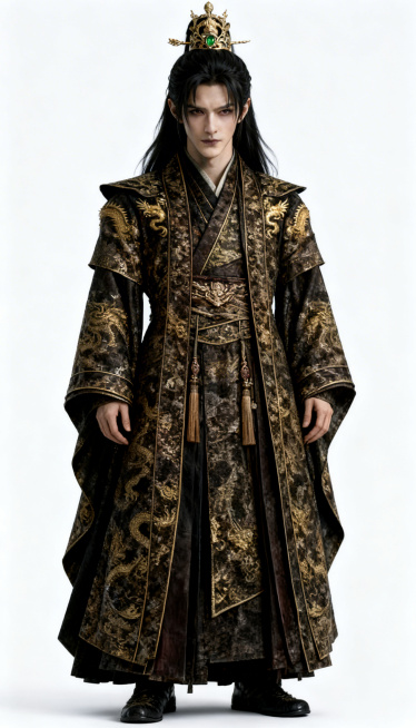 生成一张真人全身正视图，样貌参考第二张图片，不允许改变人物相貌，服装参考第一张图片的古风暗金色龙纹长袍，8K写实，打光真实，背景为空白预览效果