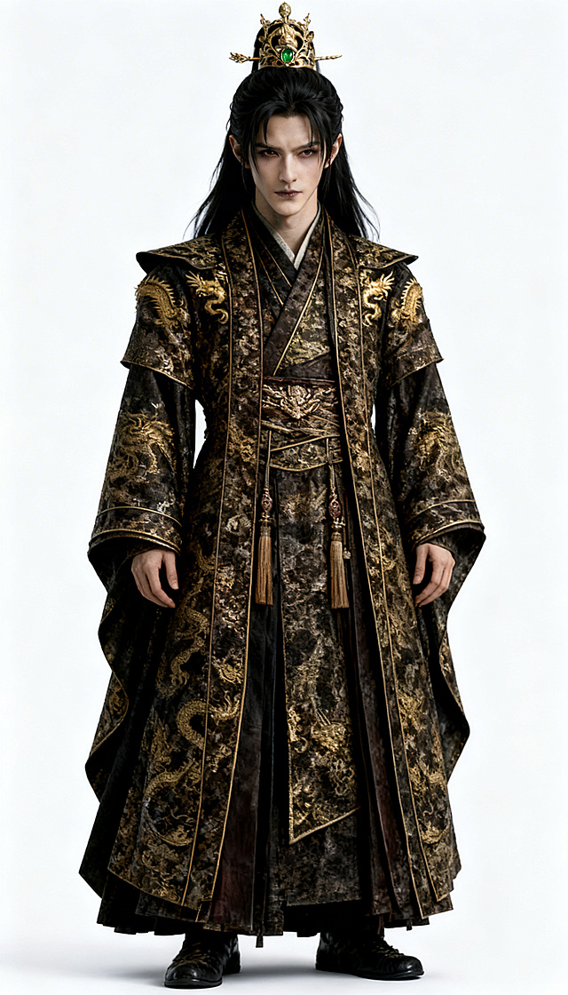 生成一张真人全身正视图，样貌参考第二张图片，不允许改变人物相貌，服装参考第一张图片的古风暗金色龙纹长袍，8K写实，打光真实，背景为空白