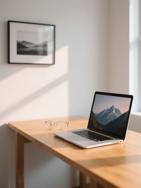 极简主义风格的办公桌场景，浅木色桌面，左侧放置一台打开的银色笔记本电脑（屏幕显示山景壁纸），电脑前方有一副透明框眼镜。背景为纯白色墙面，左上角挂着一幅黑白风景装饰画。光线变换为柔和的侧逆光，从画面右侧窗户射入，在墙面投下更浅淡、边缘更模糊的斜向光影，桌面呈现温暖的琥珀色光泽，物体阴影拉长且对比度降低，整体氛围更显宁静柔和，保留原有的清晰构图和简约现代质感。预览效果