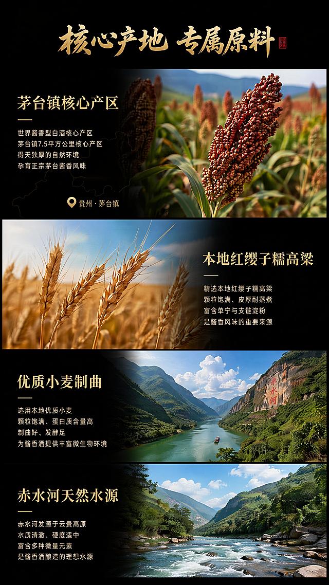 使用商品详情页技能根据商品图「图片1」「图片1」「图片1」「图片1」「图片1」「图片1」生成详情页，参考图为，商品名称为贵州茅台飞天茅台53度500ML*2瓶酱香型白酒，卖点为一、产地壁垒：不可复制的核心天然优势（独家护城河） 茅台镇核心产区限定 仅茅台镇 7.5 平方公里赤水河谷核心产区可酿造，封闭河谷形成独有的上千种酿酒微生物菌群，搭配赤水河天然弱碱性水源，业内公认离开茅台镇，酿不出正宗茅台酒，地理环境无法异地复刻。 专属原料 只用本地红缨子糯高粱，皮厚、单宁高、耐蒸煮，完美适配 12987 超长工艺；搭配优质小麦制曲，原料品质门槛极高，奠定酱香基础。 二、古法工艺：严苛耗时，匠心硬实力 经典 12987 酱香核心工艺 一年完整生产周期、两次投料、九次蒸煮、八次固态发酵、七次取酒，严格遵循端午制曲、重阳下沙古法时序，全程 30 道工序、165 道细分环节，全流程遵循天时自然酿造。 三高三长核心酿造标准 高温制曲、高温堆积、高温馏酒；生产周期长、大曲储存长、基酒窖藏时间长，区别于普通白酒速成工艺。 五年出厂硬性标准 基酒陶坛窖藏 3 年以上，再用百余款不同年份、轮次基酒纯酒勾酒（零外加香精香料），成品调配后再存放，从原料到成品足足 5 年才能出厂，耗时远超绝大多数白酒。 黄金 53° 黄金度数 53 度是酒精与水分子结合最稳固的比例，酒体结构稳定，越存口感越佳，是酱酒的标杆度数。 三、酒体口感：茅香标杆，饮用体验顶级 正宗茅香风格：酱香突出、幽雅细腻、酒体醇厚饱满，入口绵柔不烈，中段醇甜，收尾回味悠长，空杯留香持久数日不散，是酱香型白酒的标准范本。 易饮不上头、醒酒快 高沸点风味物质丰富，杂醇油含量极低，适量饮用醉酒慢，酒后口干、头疼感弱，喝完舒适度远优于普通白酒。 百搭适配：纯饮品鉴、佐餐中餐、搭配粤菜 / 川菜 / 宴席菜系都适配。 四、顶级品牌底蕴：国民白酒名片，文化价值拉满 百年荣誉背书 源自汉代枸酱酒文化，1915 年巴拿马万国博览会斩获金奖，历届全国评酒会稳居国家名酒榜首，是名副其实的国宴用酒、国家名片，品牌地位稳居国内白酒顶端。 国民顶流品牌 全球知名度拉满，海内外认可度极高，是大众认知度最高的高端白酒，品牌公信力无可替代。 五、社交礼品刚需：宴请送礼的硬通货 商务宴请身份标杆 商务饭局、高端会务、正式宴席的首选用酒，体面大气，是宴请场合的主流标配，档次与认可度无可替代。 送礼万能首选 逢年过节、走亲访友、人情往来通用，受众广、人人熟知，拿得出手，收礼方认可度高，不会踩雷。 六、稀缺保值属性：可流通、能增值的 “液体硬通货” 常年产能稀缺，供不应求 受产区、工艺、周期限制，年产能有限，长期供需紧张，自带稀缺属性，原箱整瓶收藏溢价更高。 越陈越香、越存越值钱 具备白酒少见的抗贬值、增值属性，存放时间越久，酒体口感越温润，市场价值稳步上涨，远胜多数消费品。 超强流通变现能力 全国全覆盖回收渠道，市面流通性极强，随时随地可变现，是白酒圈内公认的硬通货理财产品。，适配平台为淘宝/天猫，图片比例为9:16，需求屏数为8张，大气上档次