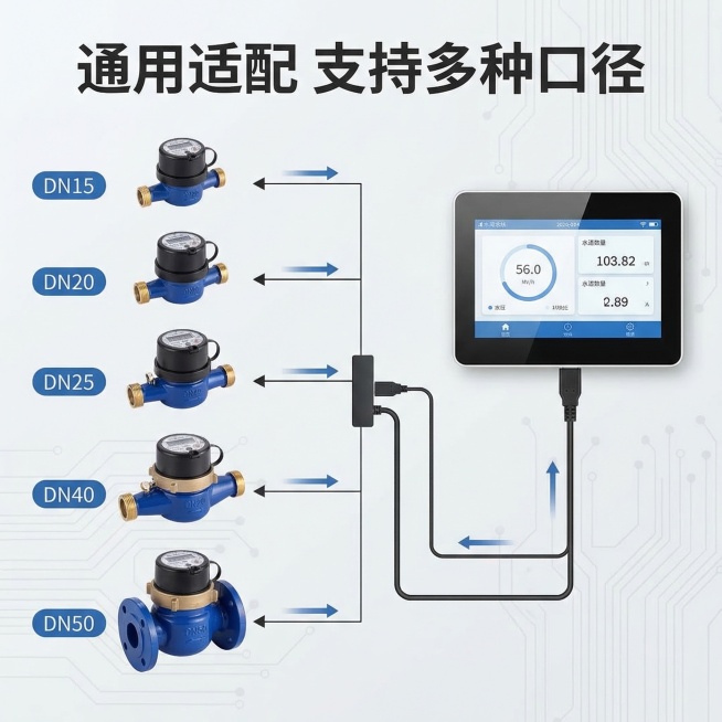 [主图13] 远传水表外接显示屏适配说明，展示适配各种口径远传水表，图片左侧展示不同尺寸水表，右侧显示屏，顶部标题"通用适配 支持多种口径"，浅灰科技背景，淘宝1:1主图，排版清晰专业，高清分辨率预览效果