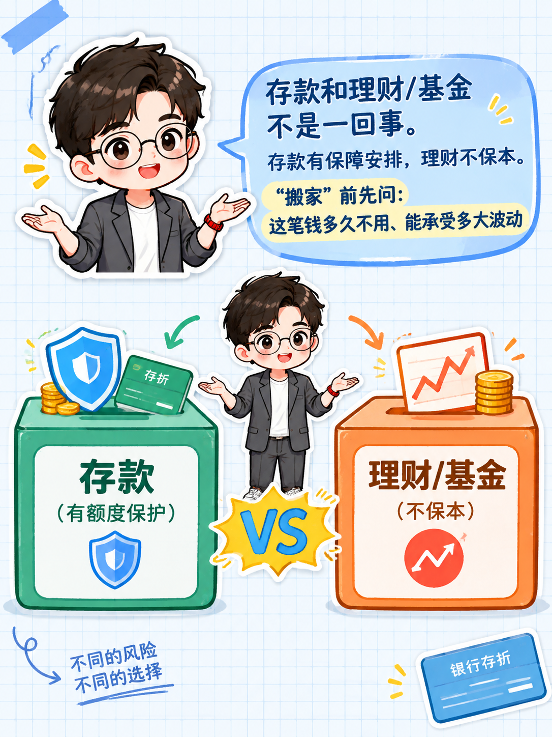 小红书笔记内页插图，问题二：存款搬家去哪，手账拼贴科普风，版式… - 图片创意预览