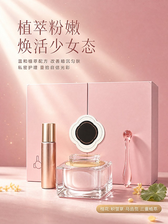 [主图-1] 首图品牌调性，展示植萃粉嫩焕活私密护理套盒的高端礼盒质感，传递少女态粉嫩与植萃温和护肤理念。
[统一基调] 高端精致粉金柔光风格，主色为柔雾粉渐变+香槟金点缀，辅助色为奶白与浅玫瑰金；主标题用纤细优雅的细衬线字体，深玫瑰金色；辅助文案用干净非衬线字体，深灰粉色；整体光影柔和通透，有自然光斜射的丁达尔光束感，营造奢宠护肤氛围。
[画面] 画面中央偏下位置摆放完整套盒产品：前方是透明水晶方瓶身的粉嫩面霜罐（金色内盖+透明水晶提手），左后方是玫瑰金细管精华瓶，右后方是粉色水晶按摩棒，最背景是粉色双开礼盒，礼盒正面有四叶草形状的黑色装饰标。产品占画面约65%，呈前低后高的层次陈列，放置在浅粉色哑光台面上。画面左上角留出安全区放置品牌标识位置。背景为柔雾粉色渐变，上方有柔和的斜射光束穿过，空气中漂浮极细微的金色闪粉光点，右下角散落2-3片新鲜桂花花瓣与一小片积雪草嫩叶作为点缀，呼应植萃成分主题。
[光影质感] 商业摄影级柔光箱光影，主光从左上方45度斜射，产品边缘有柔和高光，水晶瓶身有通透的折射光效，金属瓶盖有细腻反光，台面上有自然柔和的接触阴影，整体通透干净，高级3D渲染质感。
[配色] 主色柔雾粉+香槟金+奶白，点缀桂花淡黄与植萃浅绿，整体暖调明调，低饱和高质感。
[文字版式] 画面上方偏左位置主标题大字："植萃粉嫩 焕活少女态"，字体为细衬线体，深玫瑰金色，字号最大；主标题下方两行辅助小字："温和植萃配方 改善暗沉匀肤""私密护理 重拾自信光彩"，字号缩小60%，深灰粉色；右下角有小标签"桂花·积雪草·马齿苋 三重植萃"，浅金底白字圆角小卡片。文字均放在负空间，不遮挡产品主体。
[输出要求] 比例3:4，文字清晰可读，产品清晰完整不变形，无错字，无水印，无平台Logo，无多余杂物，画面干净高级。负向：产品变形 色差 模糊 杂乱 水印 淘宝天猫Logo 夸张对比 医疗暗示