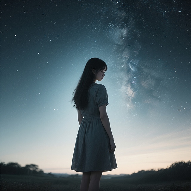 一位穿着连衣裙的长发女孩背影，伤感地站在黑暗的星空下，高清画质，小清新风格