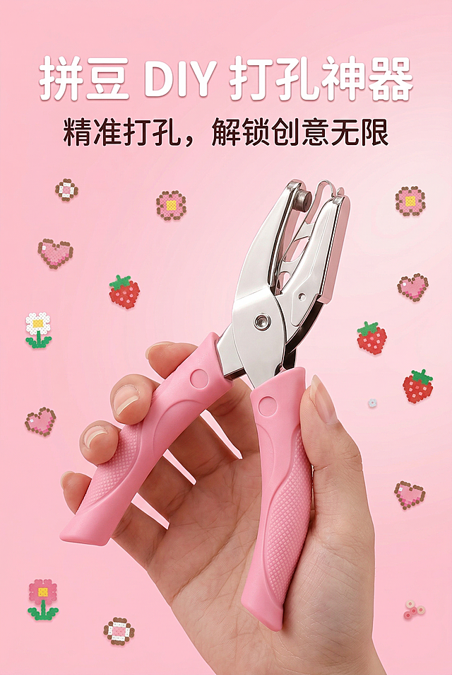 2:3 竖版电商详情图，严格还原上传的拼豆 DIY 打孔器产品图，包括粉色防滑手柄、银色金属刀头、所有设计细节完全一致，产品在真实物理空间里与其他物体的大小关系视觉协调，比例保持 1:1，避免突兀感。画面中心展示打孔器全景，背景为清新粉色渐变，点缀拼豆制作的像素风草莓、花朵、爱心图案，整体风格统一为清新可爱少女风。主标题：“拼豆 DIY 打孔神器”，副标题：“精准打孔，解锁创意无限”，主标题采用大号无衬线字体，居中放置；副标题置于主标题下方，字体稍小，清晰醒目。排版采用杂志风精致布局，产品居中，背景元素点缀不抢主体，视觉大胆新颖，30 秒内抓住用户注意力。负面提示词：禁止改变产品颜色、材质、设计细节，禁止出现无关物体，禁止模糊、低分辨率，禁止风格割裂，禁止产品比例失调，禁止文字排版混乱。