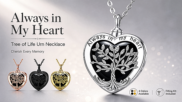 [第1张] 亚马逊高级A+详情页头图 - Tree of Life Heart Urn Necklace 生命之树心形骨灰吊坠项链主视觉海报。本张使用【图1】银色款、【图2】玫瑰金款、【图3】黑色款、【图5】金色款作为四色商品主体。
[氛围/风格] 极简高级纪念风，克制而有温度的情感表达，跨境亚马逊A+品质，商业摄影质感，柔光静谧氛围。
[元素布局] 画面中央偏右放置银色款心形吊坠作为主视觉主体，占比约40%，正面展示生命之树浮雕与"Always in my heart"刻字；左侧纵向排列玫瑰金、黑色、金色三款小尺寸吊坠，形成四色矩阵对比；背景为浅灰到深灰的柔和渐变，底部有微弱光斑和细腻颗粒质感；吊坠下方投射柔和自然阴影；左上角留白放置标题区。
[光影质感] 左上方45°柔光主光源，右侧辅光补光，金属表面呈现细腻高光与反射，心形边缘有轮廓光，整体明暗层次丰富，突出金属质感与浮雕立体感。
[配色色系] 全局底色 #F0F0F3 浅灰渐变；主色银白金属光泽；辅助色玫瑰金、黑金、金色点缀；文字深灰 #333333。
[视角构图] 正面平视微仰，主吊坠为视觉中心，阅读动线左上标题 → 中央主产品 → 左侧三色矩阵 → 底部信息。
[文字版式] 左上角标题区，主标题大号衬线字体 "Always in My Heart"，副标题小号无衬线 "Tree of Life Urn Necklace"，下方小字 "Cherish Every Memory"；右下角信息条标注 "4 Colors Available" 与 "Filling Kit Included"；所有文字为英文，清晰可读，不遮挡吊坠主体。
[比例分辨率] 61:25横版比例（高级A+ Web端），4K分辨率，文字清晰可辨，高清画质。
[负向提示词] 变形，水印，中文字符，文字错乱，文字过小，缺件错件，结构错误，颜色偏差，产品图模糊，背景杂乱，价格信息，折扣字样，站外链接。