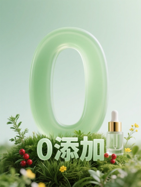 极简高端护肤品广告海报，柔和渐变浅绿色背景，画面极致干净，中央是巨大的半透明磨砂质感绿色立体“0”字，底部环绕着新鲜的绿色草本植物、红色小浆果和黄色小花，右侧放置一瓶透明玻璃瓶身、金色瓶盖的护肤品，瓶身简洁无多余装饰，“0添加”三个立体字以通透浅绿色材质点缀在植物丛中，整体采用简约现代设计风格，视觉层次分明，色彩清新自然，光影柔和，营造出纯净、安心、高端的护肤产品氛围，无任何其他文字元素。预览效果